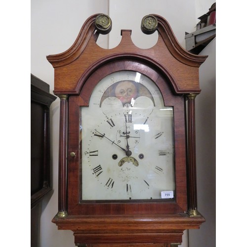 755 - An oak cased Grandfather Clock with hand painted Dial and Moon Roller.