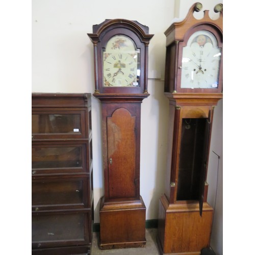 756 - An antique oak cased grandfather clock with painted dial. A/F. - no weight or pendulum.