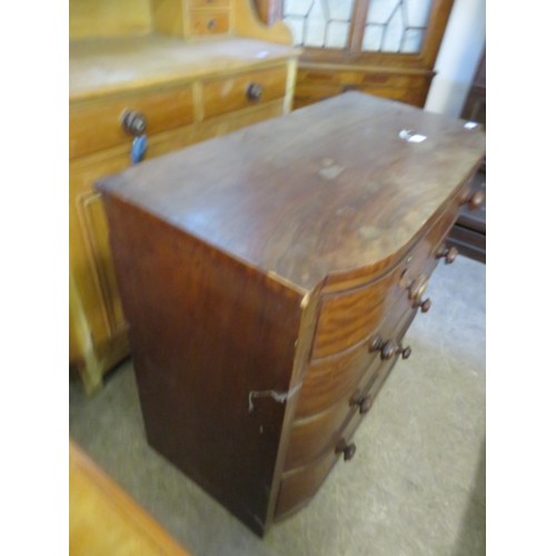 761 - An antique bow fronted mahogany chest of 2 short and 3 long drawers with wooden handles.