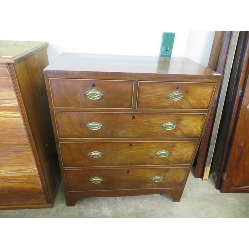 782 - An antique Sheraton style mahogany chest of 2 short and 3 long drawers on bracket feet with brass dr... 