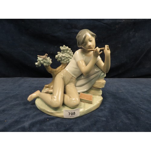 708 - A Lladro figurine of a boy holding a flute.