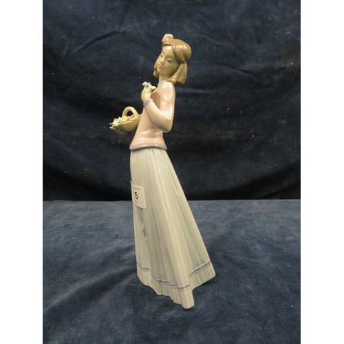 715 - A Lladro figurine of a girl with flower basket in hand.