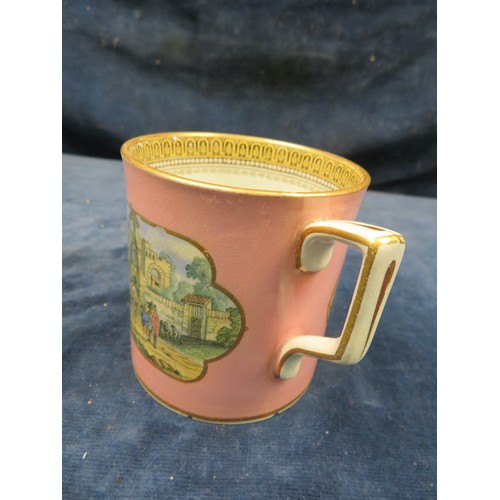 727 - A Pratt ware pottery mug from the late 19th century with panel decoration depicting tavern scene and... 