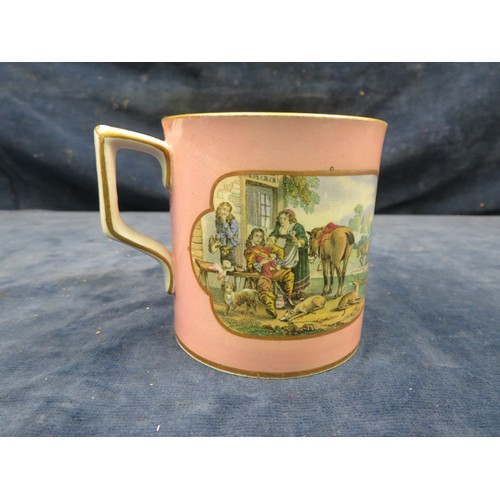 727 - A Pratt ware pottery mug from the late 19th century with panel decoration depicting tavern scene and... 