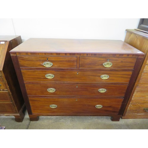 786 - An antique mahogany chest of 2 short and 3 long drawers with reeded and inlaid decoration on bracket... 