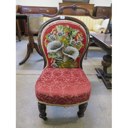 789 - An unusual antique single chair with curved and tapestry and beaded back on turned legs.