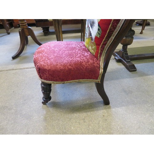 789 - An unusual antique single chair with curved and tapestry and beaded back on turned legs.