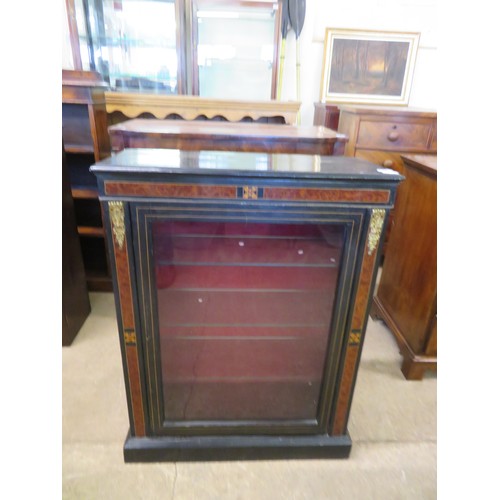 804 - An antique credenza with inlaid decoration and glazed door having red velvet interior and 3 glazed s... 