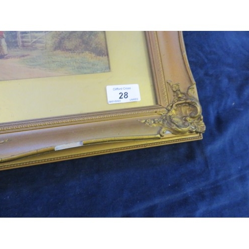 28 - A vintage coloured print depicting a mother and child walking on a country lane, mounted in a gilt f... 