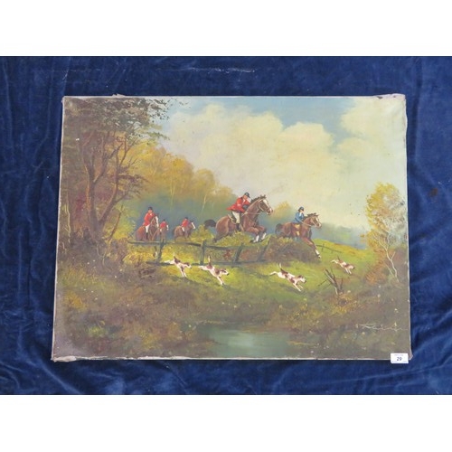 29 - An unframed oil on canvas depicting 'Hunting Scene' by Keiken.