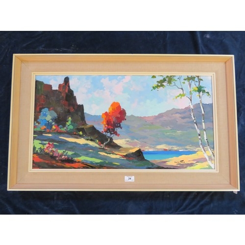 34 - An oil painting on canvas in contemporary frame marked 'Lake District' with F.J. Harris and Son, Art... 