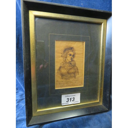 313 - A framed pen and ink portrait of a lady inscribed 'Princess of Sophia - daughter of George III'.