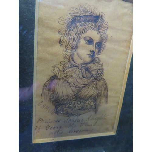 313 - A framed pen and ink portrait of a lady inscribed 'Princess of Sophia - daughter of George III'.