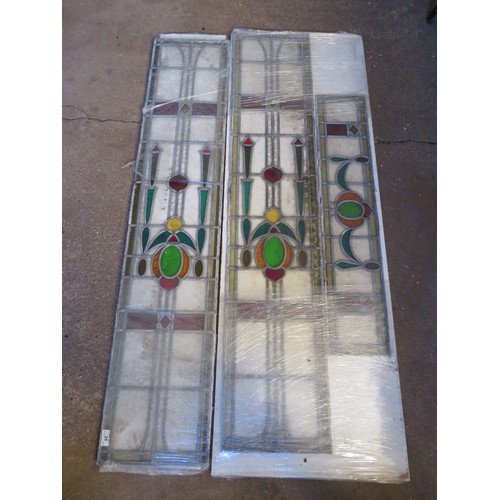 25 - Three 1930's Art Deco stained and leaded glass window panels. 2 are approx 143 x 29cm and 1 is appro... 