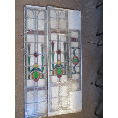 25 - Three 1930's Art Deco stained and leaded glass window panels. 2 are approx 143 x 29cm and 1 is appro... 