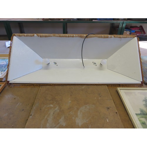 32 - A green metal alloy snooker table light shade with gold coloured fringe. Approx 126cm x 50cm