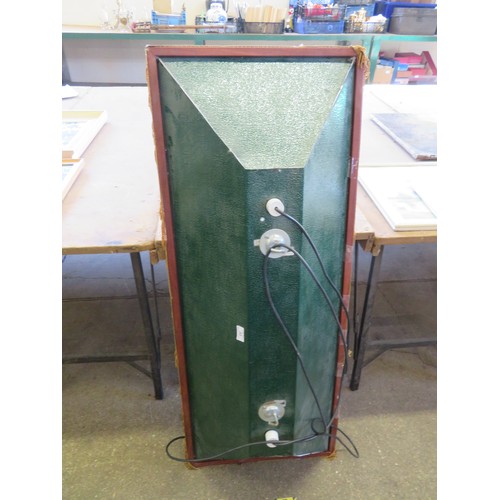 32 - A green metal alloy snooker table light shade with gold coloured fringe. Approx 126cm x 50cm