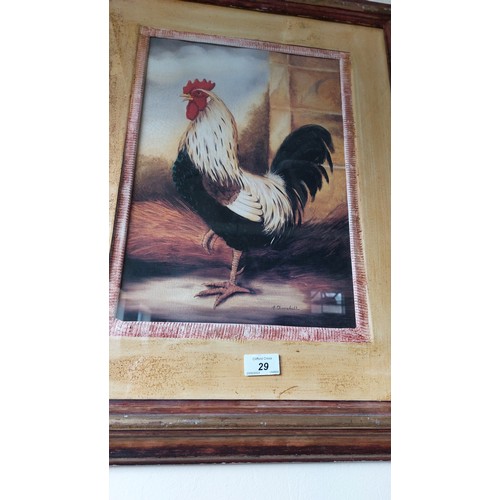 29 - A framed print of rooster with ceramic surround by R. Churchill.