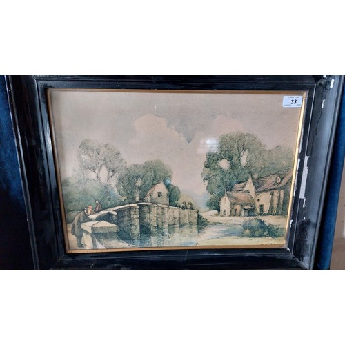 33 - A framed print depicting gentleman on bridge.