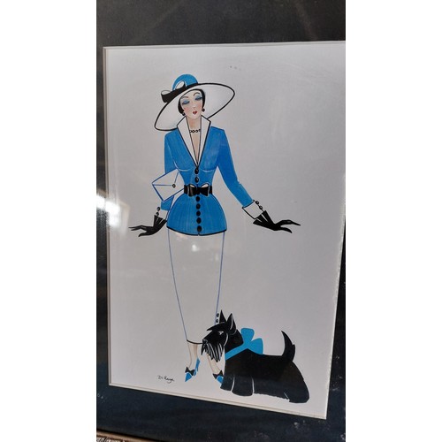 42 - A framed print of a lady in blue with a Scottish Terrier by Di. Kaye.