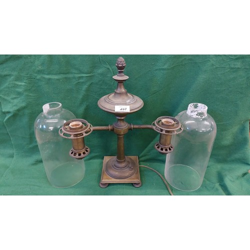 497 - A brass double oil lamp on 4 bun style feet, with 2 glass shades.