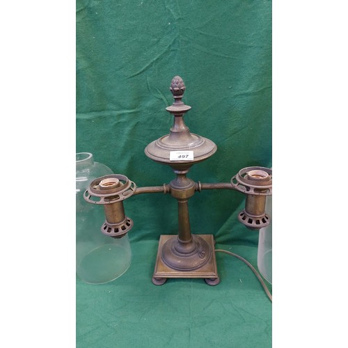 497 - A brass double oil lamp on 4 bun style feet, with 2 glass shades.