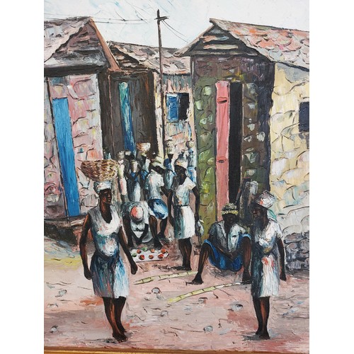 27 - A framed oil on canvas by S. Marseille depicting women in village market scene.