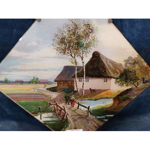 37 - A coloured print attached to glass panel depicting farmhouse scene.