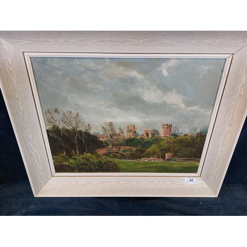 49 - A framed oil on board, artist unknown, depicting Warwick Castle.