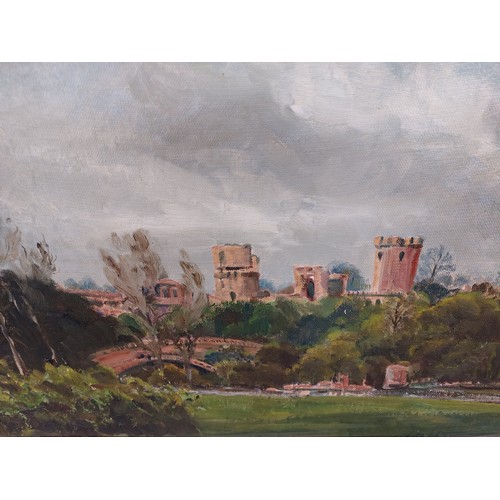 49 - A framed oil on board, artist unknown, depicting Warwick Castle.