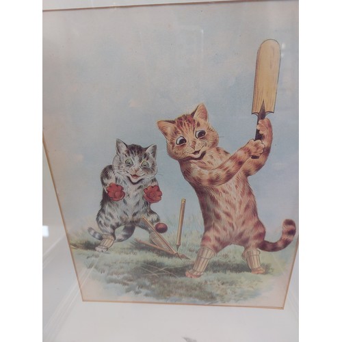 50 - Four framed coloured prints depicting cats, two being cats playing cricket and golf, the other two b... 