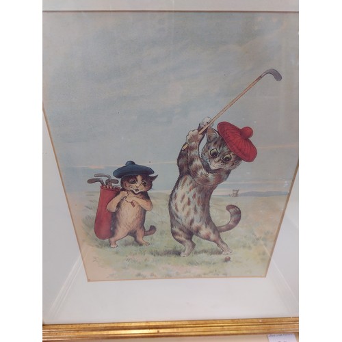 50 - Four framed coloured prints depicting cats, two being cats playing cricket and golf, the other two b... 