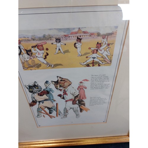 50 - Four framed coloured prints depicting cats, two being cats playing cricket and golf, the other two b... 