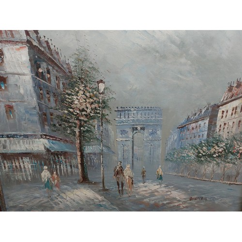 64 - A framed oil on board by Burnett depicting Parisian Street Scene.