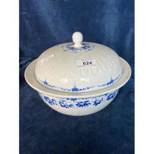 624 - A large Echt Kobalt blue and white covered bowl with floral design.