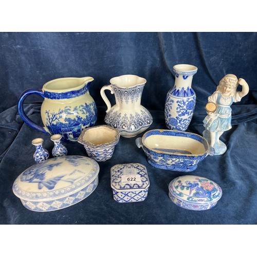 622 - A small collection of blue and white china including Jugs, vase, covered dishes, etc.,