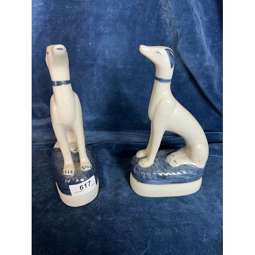 617 - A pair of Ironstone China blue and white dog bookends (some crazing to glaze).