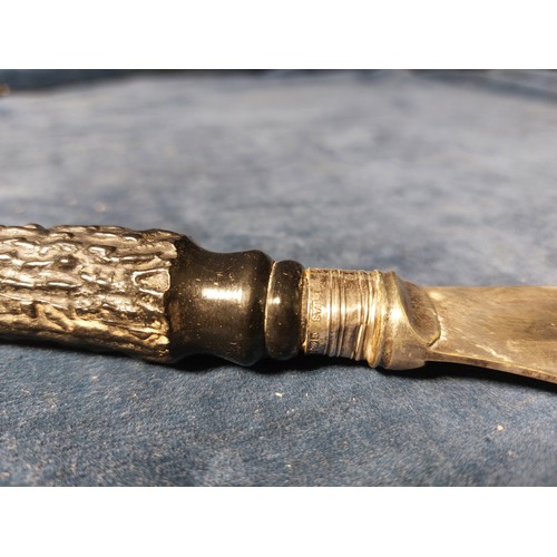 187 - A carving set having horn style handles, with silver banding hallmarked Sheffield, together with a t... 