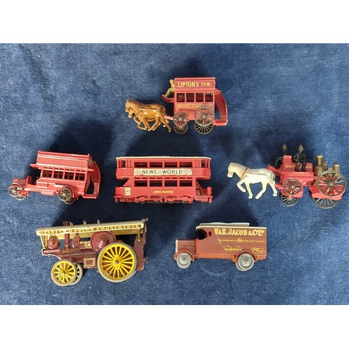 251 - Six metal toy vehicles by Lesney depicting tram, steam engine, 2 horse-drawn vehicles, open-top bus ... 