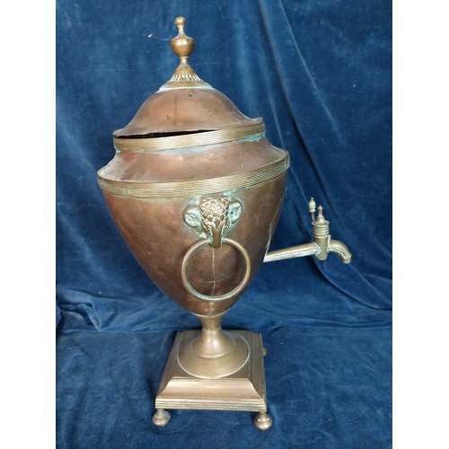 365 - A brass and copper Samovar with circular drop handles mounted with ram's head.