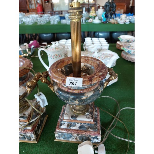 391 - A pair of antique onyx/blue marble urns on platform bases with gilt metal handles and pedestals havi... 