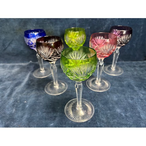 558 - A set of 6 Bohemian cut to clear cut glass Hock glasses with razor cut stem.