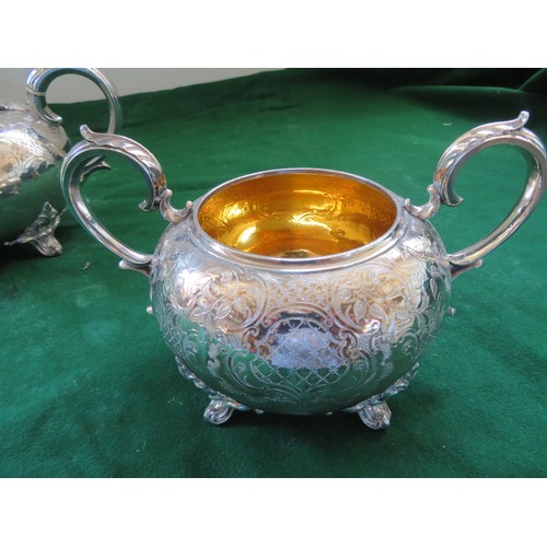 418 - A 3-piece silver-plated tea set comprising teapot, milk jug and 2-handled sugar pot of ornate design... 