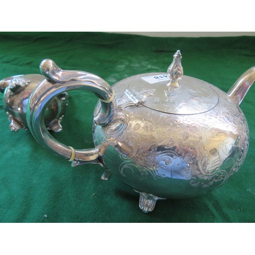 418 - A 3-piece silver-plated tea set comprising teapot, milk jug and 2-handled sugar pot of ornate design... 