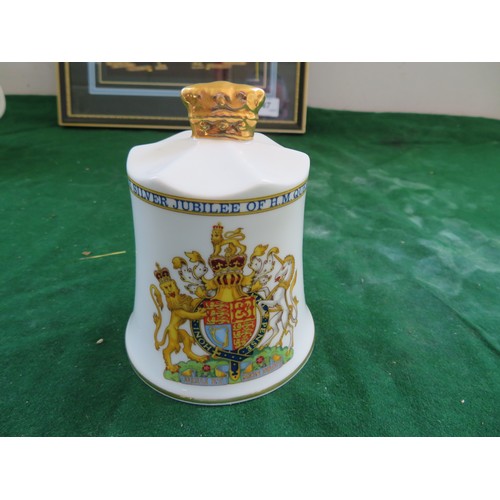 447 - A framed Regimental Coat of Arms and 5 pieces of commemorative ware being 3 mugs, 1 beaker and a bel... 