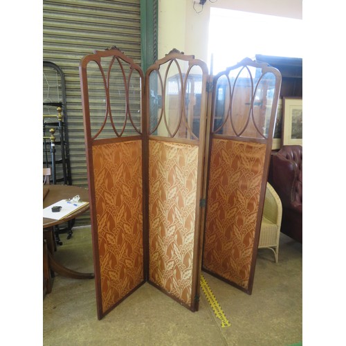 770 - A antique Sheraton style mahogany four-fold  screen with inlaid banded decoration. Each panel has a ... 