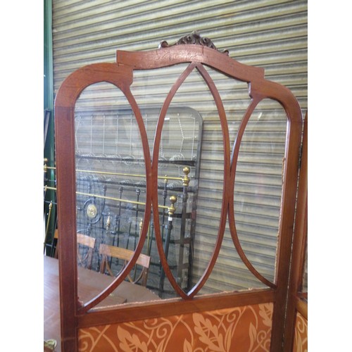 770 - A antique Sheraton style mahogany four-fold  screen with inlaid banded decoration. Each panel has a ... 