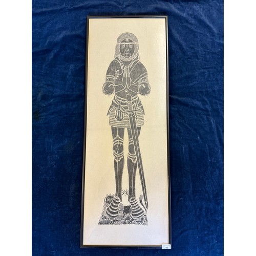 43 - A framed original brass rubbing depicting the memorial image of a Medieval English Knight.