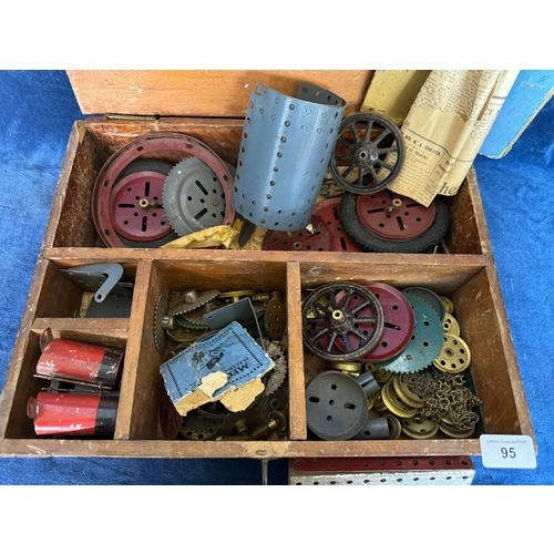 95 - A wooden box containing various vintage Meccano pieces, etc.,