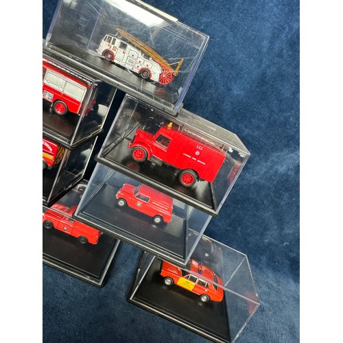 100 - Eight Oxford Diecast model vehicles in presentation cases including fire engines, fire cars, vans, e... 